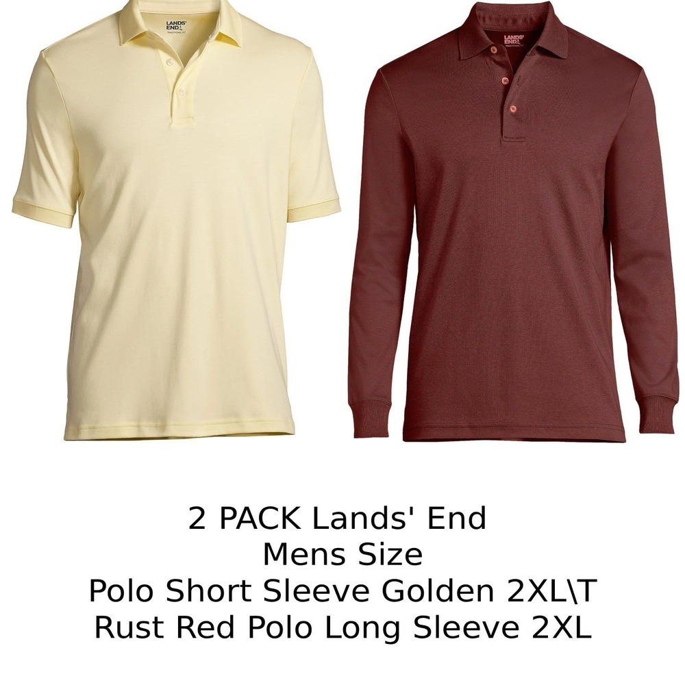 2 Pack Lands' End Mens Polo 2XL/T Golden Short Sleeve & 2XL Rust Red Long Sleeve